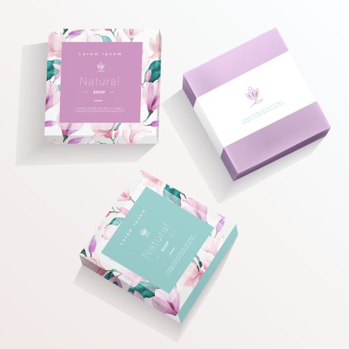 Natural logo and packaging design template. Natural soap package mockup created by vector. Watercolor green leaf pattern for branding and corporate identity design.